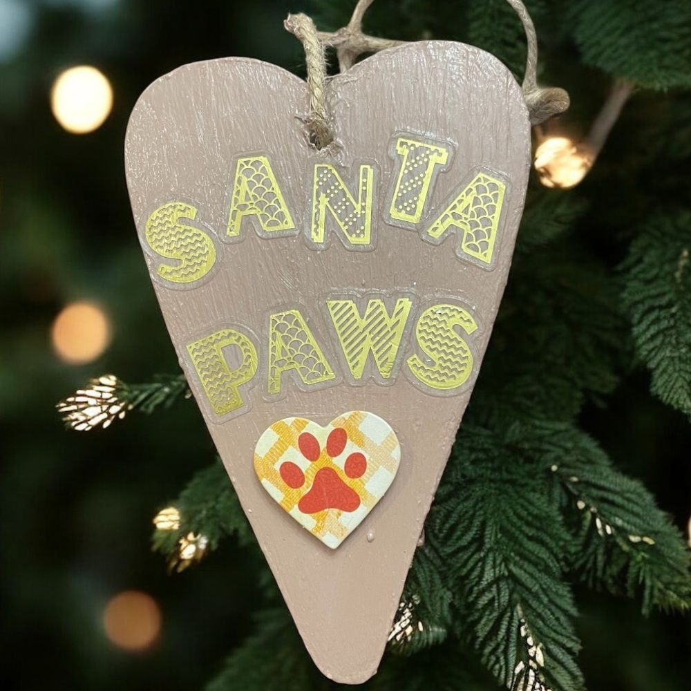 Handmade Santa Paws Heart Wooden Ornament